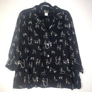 First Option Too Vintage Black Button Down Drawings Doodles Cartoon Shirt 1X